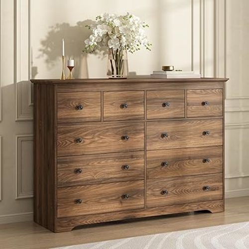 55 Inch Dresser for Bedroom, 10 Drawer Dresser with Large Drawers, Wide Wood Chest for Living Room, Hallway, Walnut