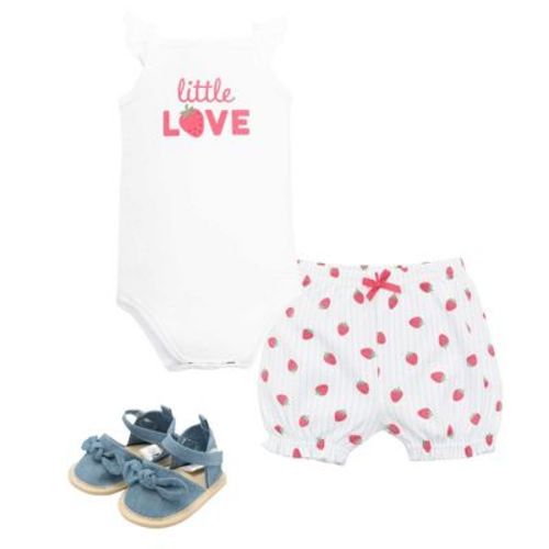 Hudson Baby Girl Cotton Bodysuit, Shorts and Shoe Set, Hot Pink Strawberry Love, 9-12 Months