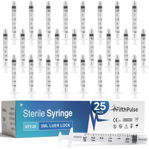 FifthPulse 3 ml Syringe without Needle - 25 Pack of Disposable Syringes - Medical, Scientific Lab, Home Use, and More - Sterile Luer Lock