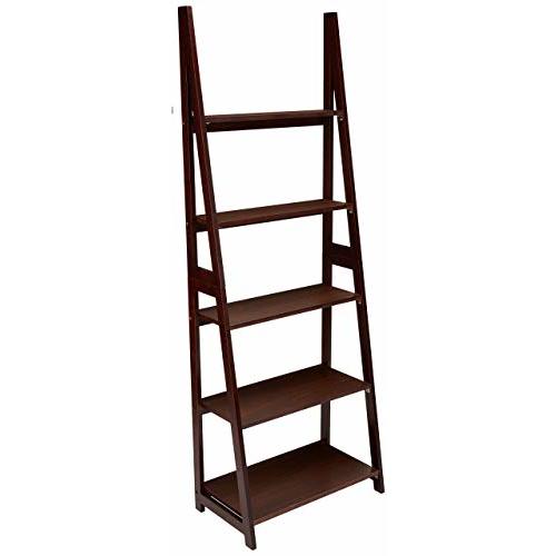 Amazon Basics 5-Tier Ladder Bookshelf Storage Organizer, Tall Bookcase for Small Space, Solid Rubberwood Frame, Modern Display Shelf, Espresso Finish, 14" D x 24.8" W x 70.1" H
