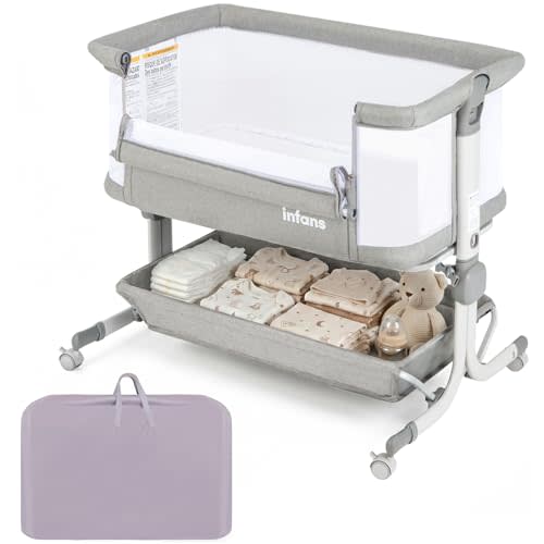 INFANS 3 in 1 Baby Bassinet, Bedside Sleeper with Comfy Mattress, Wheels, 6 Height Adjustable, Storage Basket, Travel Bag, Portable All Mesh Crib for Newborn Infant (Gray)