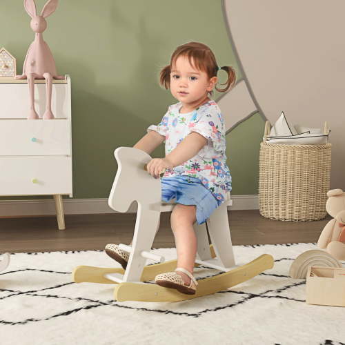 Baby Rocking Horse, Wooden Kids Ride-On Chair Toy with Handrails, Pedals, and Backrest, Toddler Baby Ride-on Toys for Kids 1-3 Years, White