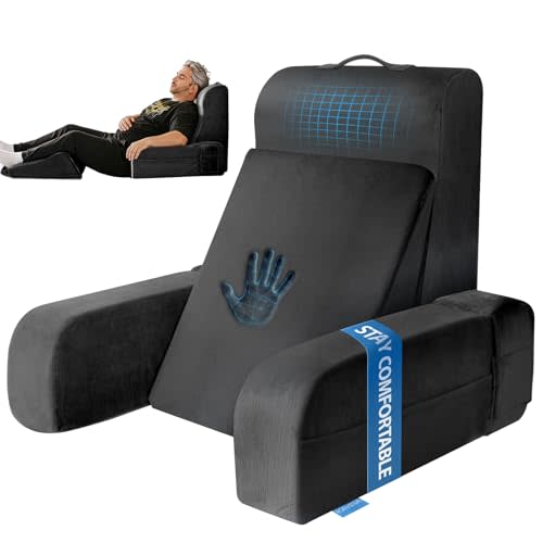 Kayfia Reading Pillow, Gel Memory Foam Back Rest Pillow, 21'', Black | 3 Storage Pockets, Dual-Use Back Leg Support Pillow, Detachable Armrests, Ideal for Reading, Gaming, Working on Bed & Couch