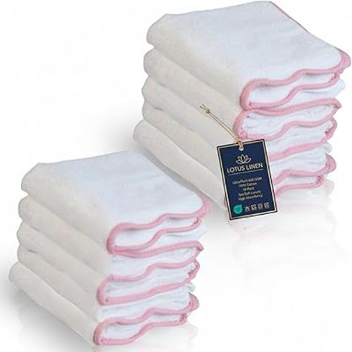Lotus Linen Scallop Piping Washcloths Towel Set of 10 – 100% Zero Twist Cotton, Ultra Soft & Highly Absorbent Face Cloths, Durable Small Towels for Bathroom (Pink Piping, Wash Cloth (Pack of 10))
