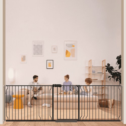 FURDEAR 95-104" Extra Wide Baby Safety Gate with Wall Protectors Walk Thru Black Metal Gate