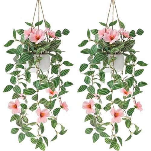 Folmywy Fake Hanging Plants 2 Pack Artificial Flower Decor Pink Hanging Flower Fake Potted Plant Faux Vines Greenery for Wall Decoration Shelf Indoor Outdoor Living Room Bedroom Office