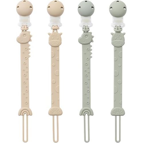 Pacifier Clips for Baby Boys Girls, One-Piece Silicone Pacifier Holder Strap 4 Pack, Binky Paci Clips Animal Rainbow Design, Lightweight Break-Resistant, Dishwasher Safe-Ivory+Sage