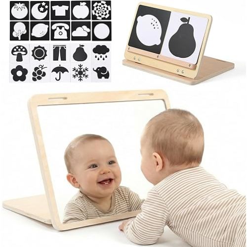 Tummy Time Play Set Adjustable Angle, Double-Sided Design, Montessori Tummy Time Toys Large Baby Safe Mirror and Card Display Stand with Black and White High Contrast Baby Cards
