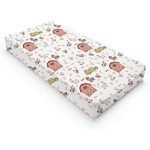 Baby Farm Life Changing Pad Cover for Boy Girl 32''x16'' Farm Animals Pig Goat Horse Cow Chick Rooster Duck Leaves Barn Truck Fitted Changing Pad Sheets Soft Breathable Diaper Change Table Mats