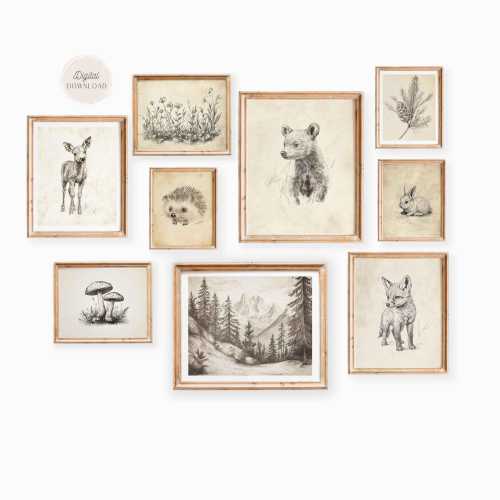 Sketch Animals print, Cottagecore Nursery Gallery prints, Woodland wall art, Vintage Antique Nature, Fox Bear mushroom rabbit, 9 Collage art