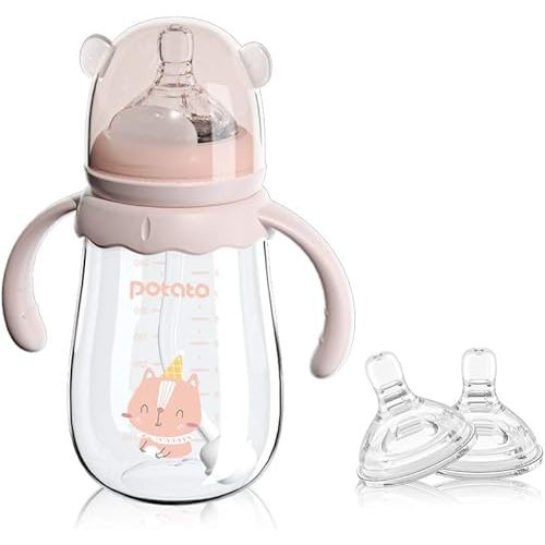 POTATO Glass Baby Bottles, Anti-Colic Breastfeeding Bottles with Fast Flow Nipple, Suitable for Babies 6-12 Months, 2 Replaceable Nipples, 8 oz, Pink