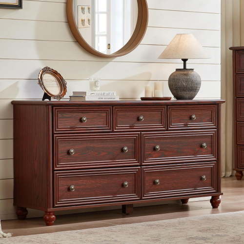 7 Drawers Dresser for Bedroom, Farmhouse 54" Wood Dressers Chest of Drawers, Vintage Design TV Stand, Rustic Storage Dresser Closet for Living Room, Red Oak