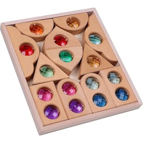 12PCS Acrylic Gem Fairytale Windows Blocks,Translucent Cubes Stacking Toys, Sparkling Acrylic Toy Wooden Stacking Blocks,Open Ended Play Montessori Educational Wooden Toys