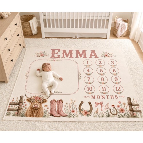 Personalized Cowgirl Milestone Blanket, My First Year Blanket, Western Baby Girl Milestone Blanket, Pink Highland Cow Monthly Blanket, Baby