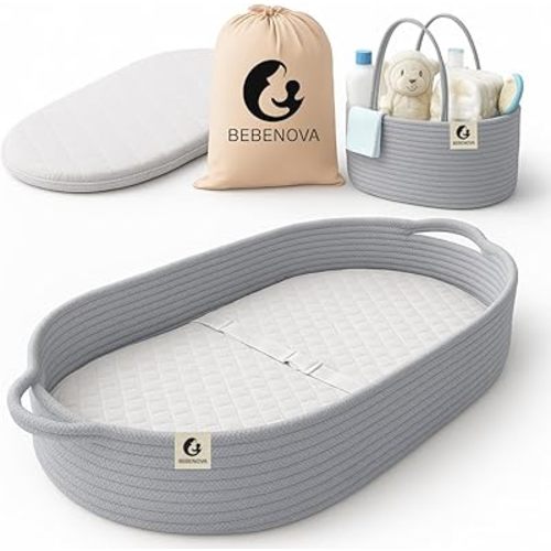 BEBENOVA Baby Changing Basket with Waterproof Pad, Baby Diaper Caddy Organizer, Blanket & Cotton Bag, Portable Changing Table Topper, Baby Changing Mat, Moses Baskets for Newborn (Grey)