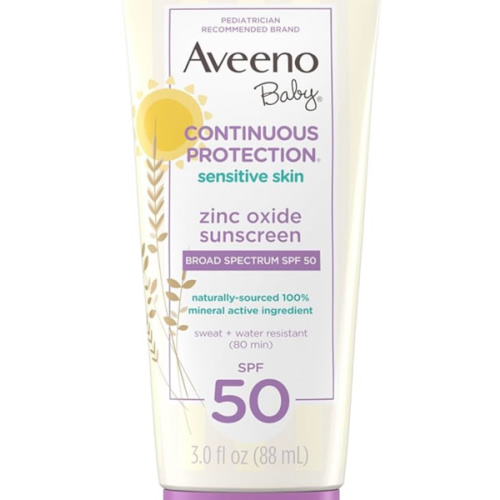 Aveeno Baby Continuous Protection Zinc Oxide Mineral Sunscreen Lotion for Sensitive Skin, Broad Spectrum SPF 50, Tear-Free, Sweat- & Water-Resistant, Paraben-Free, Travel-Size, 3 fl. oz