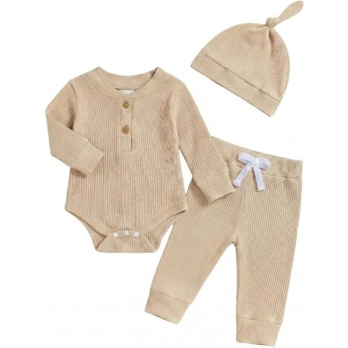 Newborn Baby Boy Clothes Long Sleeve Ribbed Bodysuit Pants Hat 3-Piece Outfit Set