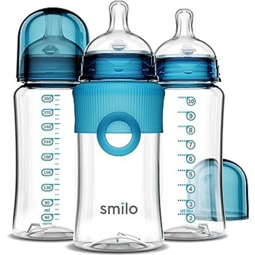Smilo Baby Bottle Set with Stage 0 Slow Flow Anti Colic Nipple, 10 Oz / 300 ml Capacity, 3X Pack of Anti Colic Baby Bottles 0-3 Months - Aqua Blue