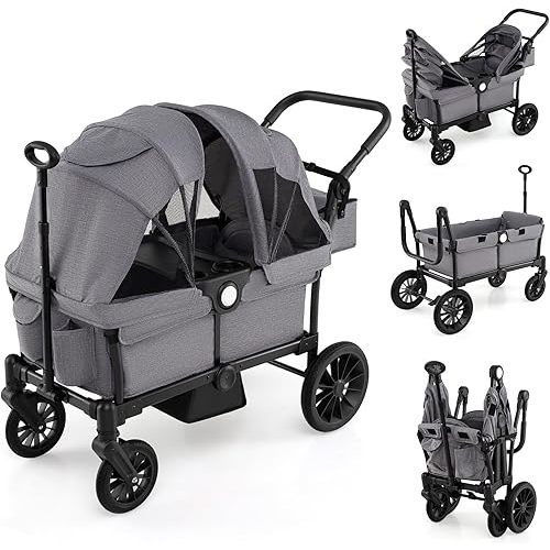 HONEY JOY Wagon Stroller for 2 Kids, 2 Seater Toddler Quad Stroller Wagon, Adjustable Push/Pull Handle Bar, Drop-Down Footwell & Upholstered Seats, Collapsible Kids Wagon with Canopy(Gray)