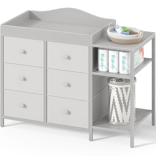 BOLUO Baby Dresser with Changing Table Top, Gray Changing Table Dresser with 6 Fabric Drawers Diaper Changing Station with Storage Shelf for Nursery Modern