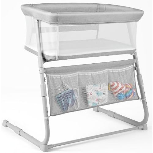 Cowiewie Bassinet Bedside Sleeper,Baby Bassinet Slides Over Bed,5-Position Height Adjustment & Breathable All-Mesh Wall Bedside Bassinet for Baby,Space-Saving Bedside Crib (Light Grey)