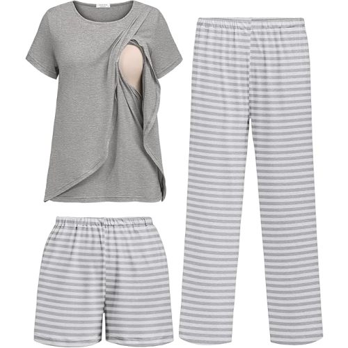 Ekouaer 3 PCS Maternity Nursing Pajamas Set Postpartum Breastfeeding Short Sleeve Shirts, Pregnancy Shorts & Pants Pjs S-XXL