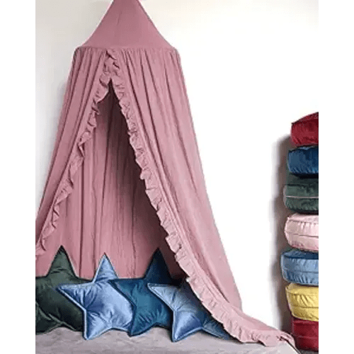 Bed Canopy with Frills Reading Nook Game Tent for Kids Boho Hanging Net Play Room Decor(Dusty Rose)