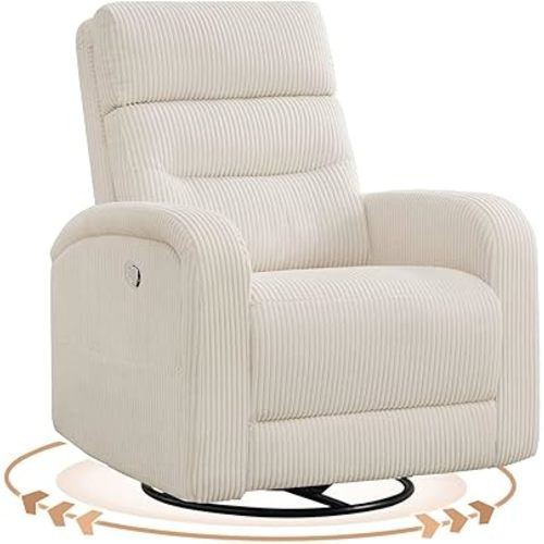 Swivel Rocker Recliner Glider Rocking Chair for Nursery, Corduroy Recliner with Chunky Cushion, Manual Swivel Recliner Chair for Living Room, Bedroom, Nursery(White)