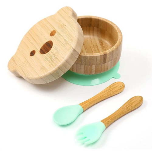 Baby Bowls with Lid - HBM Bamboo Suction Bowls for Baby and Spoon Set - 3PC Feeding Supplies Set for Infant, Toddlers - Detachable Silicone Suction Stay Put Base for Wooden Bowl - BPA Free (Mint)