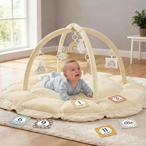 5-in-1 Thick & Plush Baby Play Gym, Baby Play Mats for Floor, Tummy Time Mat with 6 Toys, Convertible Stage-Based Developmental from Babies to Toddlers, Ball Pit, Cream