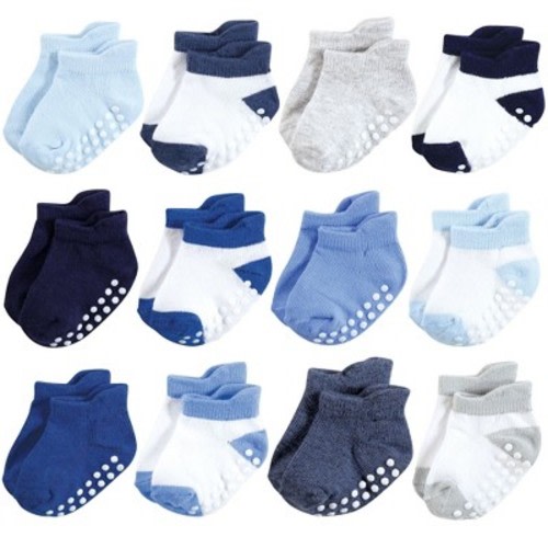 Hudson Baby Infant Boys Non-Skid No-Show Socks, Blue, 0-6 Months
