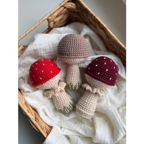 Crochet Mushroom Rattle, Soft Cotton Baby Toy, Woodland Nursery Decor