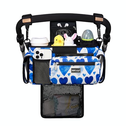 TOPDesign Universal Baby Stroller Organizer, Stroller Caddy with Detachable Mesh Bag & Heightened Insulated Cup Holders & Non-Slip Secure Hooks Accessories, Fits Most Strollers (Love)