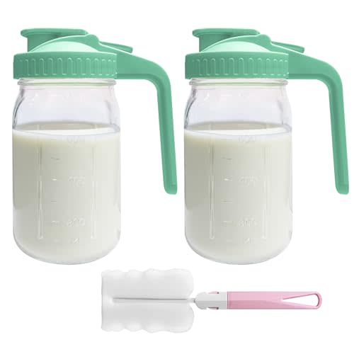 2 PACK Breast Milk Pitcher 32OZ Glass Breastmilk Pitcher with Lids Leak-proof Wide-mouth Storage Jars for Breastmilk, Resistant to Heat or Cold, Freezer-safe (Green)