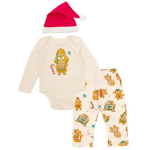 STAR WARS Christmas Baby Bodysuit, Pants and Velour Santa Hat 3 Piece Outfit Set Newborn to Infant Sizes (0-24 Months)