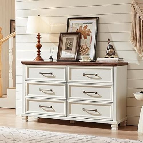Farmhouse 6 Drawer Dresser for Bedroom, 54 inch Wide Large Vintage Chest of Drawers with Square Solid Wood Legs, Rustic TV Stand for Living Room, Wooden Storage Dressers for Hallway, White