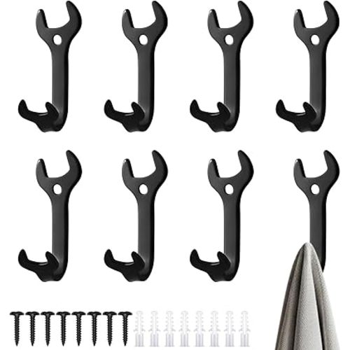 8 Pcs Vintage Wrench Shape Hooks Black Wall Hooks Vintage Key Holder for Wall Wheels Bedroom Decor Car Themed Room Truck Room Decor