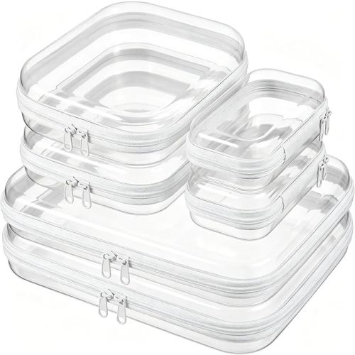 6 Pcs Clear Hard Shell Zipper Case – Clear Makeup Bag Set 2S/2M/2L, See-Through Hard Plastic Organizer Pouches with Double Zipper, Crush-Resistant Travel Toiletry Bag for Cosmetics,Toys