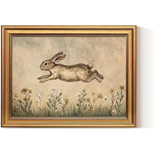 ARPEOTCY Gold Framed Art Prints, Nursery Play Room Cute Wall Decor,Bunny Rabbit Canvas Painting, 12x16inch, Cozy Home Decorations Gift for Kids, earthy tone