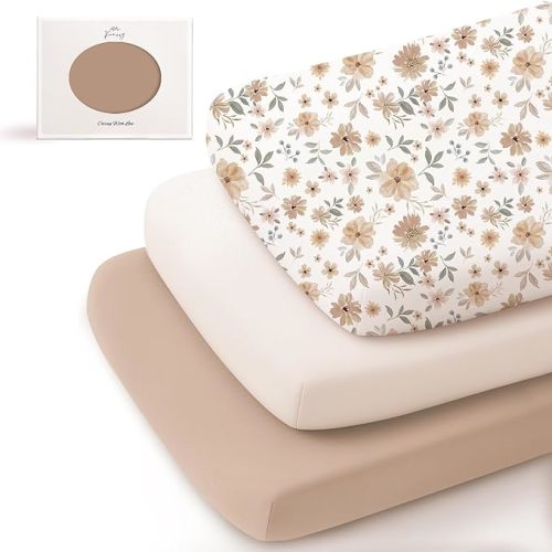 Konssy 3 Pack Stretchy Bassinet Sheets for Baby Girl Boy, Soft Breathable Baby Bassinet Mattress Sheets Fit for Hourglass Oval Cradle, Moses Basket Rectangle Mattress (Flourish)