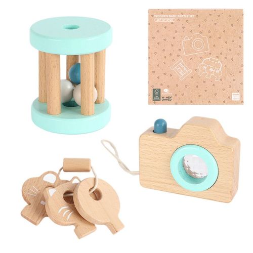Freniland™ - 3 PCs Wooden Montessori Baby Rattle Toy Set, Beech Wood Teether Kaleidoscope Toy, Newborn Baby Gift Sets for Boys and Girls