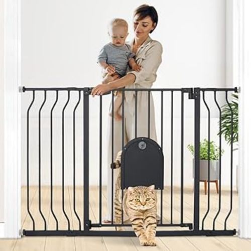 COMOMY 29.5-48.4" Baby Gate with Adjustable Cat Door,Extra Wide Metal Cat Gate for Stairs Doorways, Auto Close Dog Gate with Pet Door for House, Pressure Mounted Easy Walk Through (30" Tall, Black)