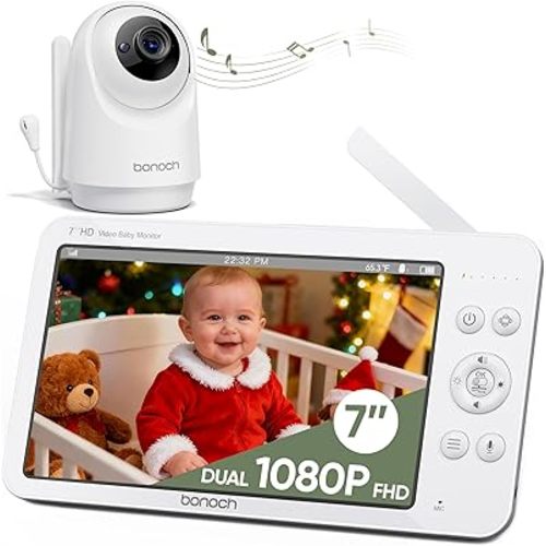 bonoch 7" Baby Monitor with Camera and Audio, Upgraded 1080P HD MegaView No WiFi Video Baby Monitor, 6000mAh Battery, VOX Mode, Night Vision, Hack Proof, Remote PTZ, White Noise, Ideal Gifts