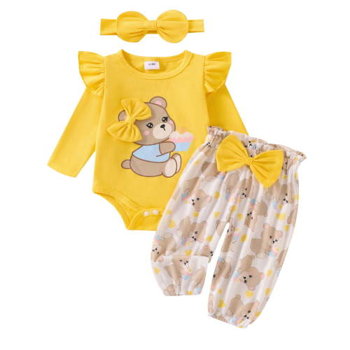 Suealasg 3Pcs Newborn Baby Girls Fall Outfits Clothes Set 3 6 9 12 18 Months Infant Girls Crew Neck Long Sleeve Bear Print Romper Long Pants Headband Set