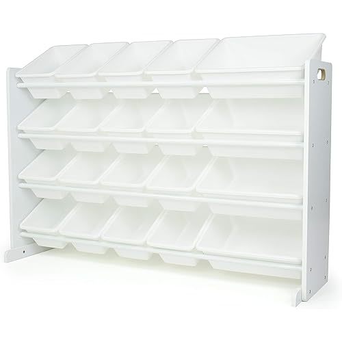 Humble Crew Extra-Large Toy Organizer with 20 Plastic Bins – White/White Storage Rack with 4-Tier Shelves, Anti-Tip Safety, for Kids’ Rooms, Playrooms, Nurseries & Classrooms