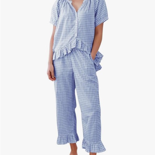 PEHMEA Womens Plaid 2 Piece Cotton Gingham Pajama Sets Short Sleeve Babydoll Shirt Ruffle Pants Y2K Lounge PJS Cute Sleepwear