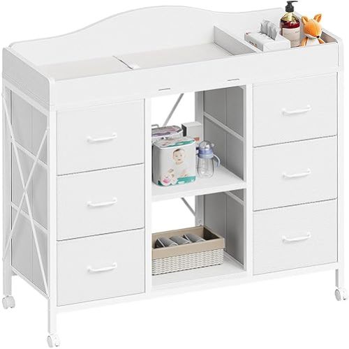 Changing Table, 6-Drawer Baby Dresser with Changing Table top, Waterproof Diaper Changing Station & Pad, 2 Height-Adjustable Open Storage Shelves, Mobile Nursery Organizer, White