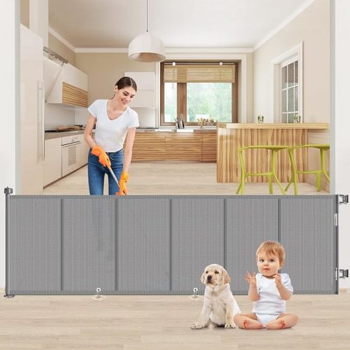Upgrade 120 inch Retractable Baby Gates, EZIGO Extra Wide Baby Gate for Large Opening Extra Long Mesh Gate for Kids or Pet Dog Gate Child Safety Gate for Stairs Hallways Doorway Indoor Outdoor, Gray