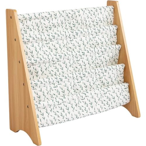 Humble Crew 4-Tier Kids Bookshelf, Natural/White/Green - Premium Book Shelf for Kids Rooms with Four Deep Pockets - Toddler Sling Book Rack with Deep Sleeves, Nursery Bookcase Organizer