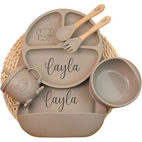 Personalized Silicone Baby Weaning Set,Custom Silicone Weaning Set with Engraved Name,Feeding Bib for Toddler Baby Kids (Grey) (6pc set)